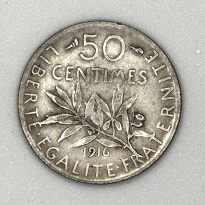 1916 France 50 Centimes Silver Coin – La Semeuse – Third Republic