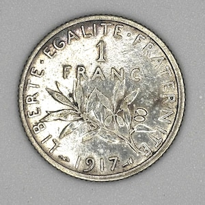 1917 France 1 Franc Silver Coin – “La Semeuse” by O. Roty – Third Republic