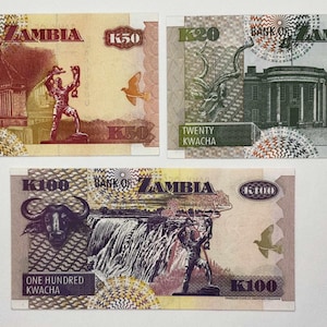 Lot of 3 UNC Zambian Banknotes – 20 Kwacha (1997), 50 Kwacha (2007), 100 Kwacha (2006) – Rare Collectible Currency