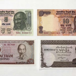 Vintage World Banknotes Set of 4 – India, Pakistan, Vietnam – Rare Currency Collectibles