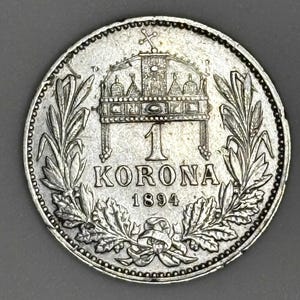 Rare 1894 Hungary 1 Korona Silver Coin – Franz Joseph I – AUNC Condition – Austro-Hungarian Empire