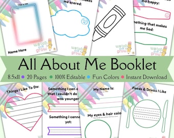 Folleto infantil "Todo sobre mí": Actividad imprimible y editable (8,5 x 11, 20 páginas) (Descarga instantánea)