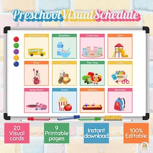 Daily schedule, classroom routine, bright visuals, learning tool, teachers aid, preschool, daycare, canva template, instant download