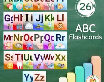 Tarjetas didácticas del abecedario en acuarela: Los niños aprenden el alfabeto (descarga digital)
