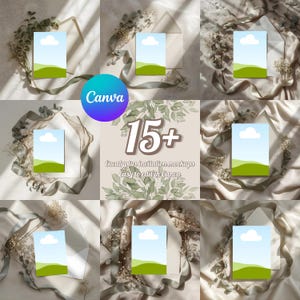 Può includere: Una collezione di mockup di inviti con un design paesaggistico, cielo blu e colline verdi. I mockup sono adornati con foglie di eucalipto, nastri e buste. Il testo recita "15+ Eucalyptus invitation mockups Easy to edit in Canva".