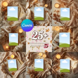 May include: A selection of book cover mockups with a blue sky and green landscape design. The image includes candles, dried flowers, and the Canva logo. Text on the image reads "25+ Boho book cover mockups Easy to edit in Canva."
