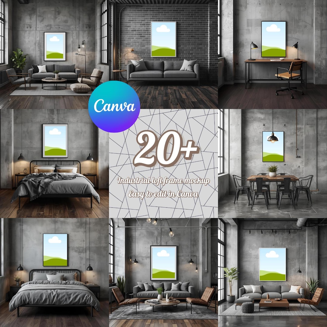 Industrial Loft Frame Mockup Bundle, Editable Canva Wall Art Templates ...