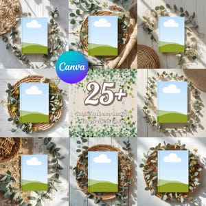 Puede incluir: Una colección de maquetas de libros con un diseño de portada de cielo azul y paisaje verde. La imagen incluye el texto "25+ Botanic book cover mockups Easy to edit in Canva". Los libros están dispuestos con detalles florales y tejidos.
