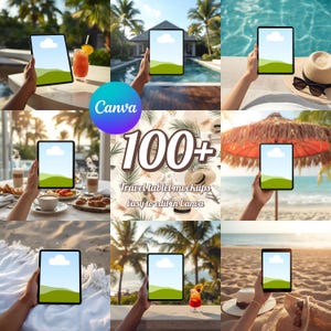 May include: A collection of travel-themed tablet mockups. The image features multiple tablets held in various tropical settings, including beaches and poolside. The tablets display a landscape with a blue sky and green hills. The image also includes the Canva logo and text: "100+ Travel tablet mockups easy to edit in Canva."