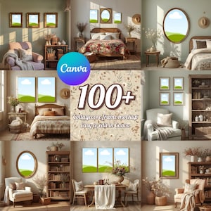 May include: A collage of interior design mockups featuring framed art with landscape scenes. The image includes various room settings with furniture, decor, and the text "100+ Collagecore frame mockup Easy to edit in Canva."