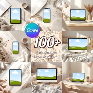May include: A collection of digital device mockups, including a laptop, desktop computer, tablet, and smartphone, each displaying a landscape scene with a blue sky and green hills. The image also features the Canva logo and text: "100+ Device mockups easy to edit in Canva."