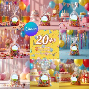 Puede incluir: Varias bolsas de celofán llenas de caramelos de colores, cada una con una etiqueta en blanco, dispuestas con pasteles de cumpleaños y globos. La imagen incluye el texto "20+ Candy birthday label mockups easy to edit in Canva."