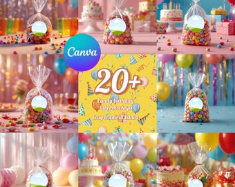 Birthday candy label mockup bundle, editable Canva templates, party favor bag tag designs, festive sweets packaging, instant download