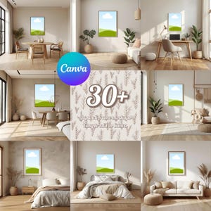 Puede incluir: Una colección de maquetas de diseño de interiores con obras de arte enmarcadas con una escena de paisaje. La imagen incluye varios entornos de habitaciones, como un comedor, un dormitorio y una sala de estar, con el texto "30+ Japandi frame mockups easy to edit in Canva."