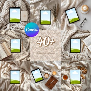 May include: A collection of tablet mockups arranged on a neutral-toned background. The tablets display a landscape scene with a blue sky and green hills. The image includes the Canva logo and text that reads "40+ Boho tablet mockups easy to edit in Canva."