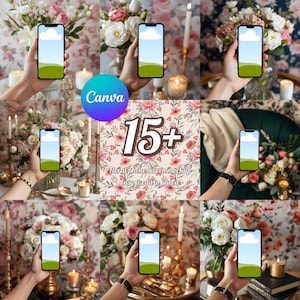 May include: A selection of smartphone mockups with a blue sky and green landscape screen display. The phones are held in hands, surrounded by floral arrangements, candles, and the Canva logo. The image includes text that reads "15+ Floral phone screen mockup Easy to edit in Canva."