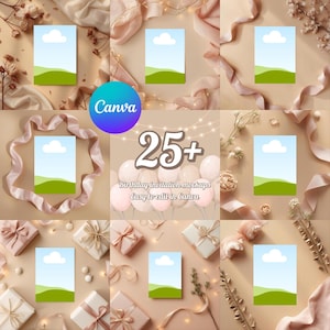 Puede incluir: Una colección de maquetas de invitaciones de cumpleaños con un diseño de cielo azul claro y paisaje verde. La imagen incluye cajas de regalo, cintas, flores y el logotipo de Canva. El texto dice "25+ Maquetas de invitaciones de cumpleaños fáciles de editar en Canva."