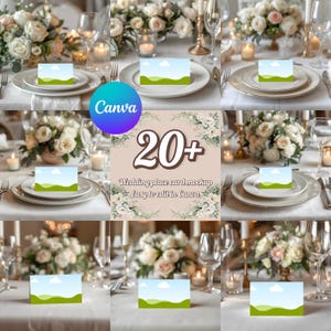 May include: A wedding table setting with white plates, silverware, and place cards. The place cards have a landscape design. Floral arrangements and candles decorate the table. The image includes the text "20+" and "Wedding place card mockup Easy to edit in Canva."