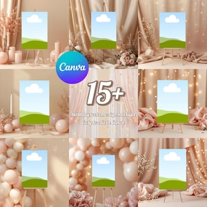 Puede incluir: Una colección de maquetas para carteles de bienvenida de cumpleaños, cada una con un diseño de cielo azul y paisaje verde. Los carteles se muestran en pequeños caballetes de madera, rodeados de elementos decorativos como globos, flores y velas. El logotipo de Canva es visible.