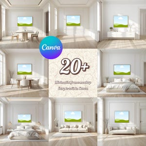 Puede incluir: Una colección de maquetas de diseño de interiores con arte enmarcadas en varios entornos. La imagen muestra un comedor, un dormitorio y una sala de estar, todos con paredes blancas y luz natural. También se ven el logotipo de Canva y el texto "20+ Minimalist frame mockup Easy to edit in Canva".