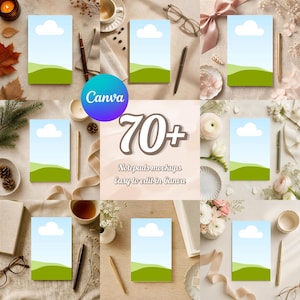 Könnte beinhalten: Eine Sammlung von über 70 digitalen Notizblock-Vorlagen mit einem Landschaftsdesign aus hellblauem Himmel, einer weißen Wolke und grünen Hügeln. Der Text Canva und 70+ Notepads mockups Easy to edit in Canva ist sichtbar.