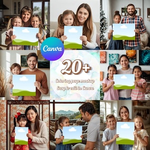 Puede incluir: Un collage de imágenes que muestran a familias sosteniendo maquetas de páginas para colorear. Las páginas tienen un cielo azul, colinas verdes y un diseño de nube blanca. El logotipo de Canva es visible, junto con el texto "20+ Coloring page mockup Easy to edit in Canva."