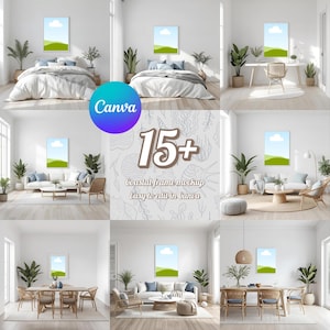 Op de afbeelding: Een verzameling interieurontwerp-mockups met kunstwerken met een kustthema. De afbeeldingen tonen verschillende kamers, waaronder slaapkamers, woonkamers en eetzalen, met neutrale kleurenpaletten en natuurlijke elementen. De tekst "15+ Coastal frame mockup easy to edit in Canva" is zichtbaar.