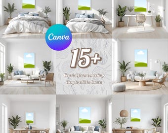 Coastal frame mockup bundle, editable Canva wall art templates, modern beach house interiors, vertical poster frames, styled room mockups