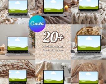 Boho laptop mockup bundle, cozy workspace Canva template, elegant Macbook mockups for website design, digital shop display, instant download