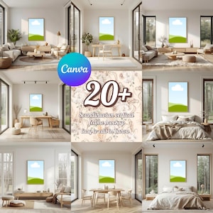 Puede incluir: Una colección de maquetas de diseño de interiores con obras de arte enmarcadas con una escena de paisaje. La imagen muestra varias habitaciones, incluyendo salones y dormitorios, con el texto "20+ Scandinavian vertical frame mockup Easy to edit in Canva."
