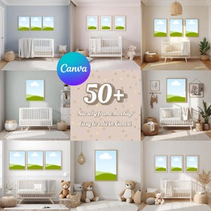 Op de afbeelding: Een samengestelde afbeelding met mockups van kinderkamerframes. Elke scène bevat een witte wieg, ingelijste kunstwerken met landschappen en decoratieve elementen. De tekst "50+ Nursery frame mockup Easy to edit in Canva" is ook zichtbaar.