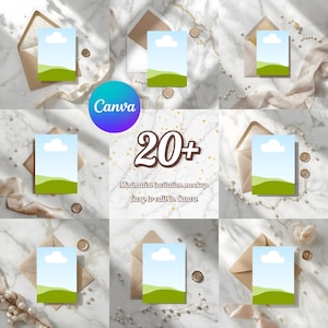 Puede incluir: Maqueta de tarjetas de invitación con un diseño de paisaje, con cielo azul y colinas verdes, presentadas con sobres y elementos decorativos. La imagen incluye el logotipo de Canva y el texto "20+ Minimalist invitation mockup Easy to edit in Canva."