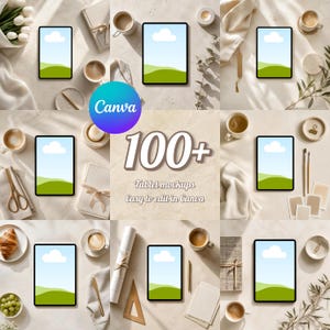 Puede incluir: Una colección de más de 100 maquetas de tabletas digitales con una pantalla de tableta de marco negro que muestra un gráfico de paisaje con cielo azul, nubes blancas y colinas verdes, presentadas en varios arreglos planos con accesorios de oficina.