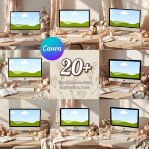 May include: A collection of iMac mockups arranged on wooden desks, featuring keyboards, mice, and decorative elements like flowers and candles. The image includes the Canva logo and text that reads "20+ Elegant iMac mockups Easy to edit in Canva."