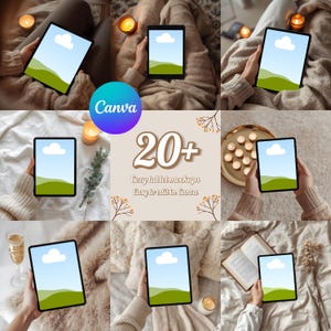 Pode incluir: Uma coleção de mockups de tablets aconchegantes, cada um exibindo uma paisagem digital com céu azul e colinas verdes. A imagem apresenta o logotipo da Canva e o texto: "20+ Cozy tablet mockups Easy to edit in Canva."