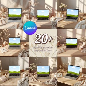 Canva Laptop Mockups Bundle, Feminina Skrivbordsmodeller, Webbplatsmockup Canva, Varumärkespresentationsmall