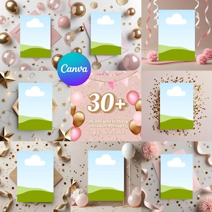 Peut inclure: Maquettes d'invitations d'anniversaire roses et dorées, avec un logo Canva. L'image présente des ballons, des confettis et des éléments décoratifs. Le texte indique "30+ Maquettes d'invitations d'anniversaire roses et dorées faciles à modifier dans Canva."
