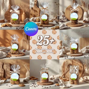May include: Multiple clear cellophane bags filled with chocolate chip cookies, tied with ribbons, are displayed on wooden surfaces. The image includes the Canva logo and text that reads "25+ Cookie labels mockups Easy to edit in Canva."