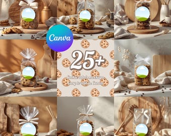 Cookie bag label mockup bundle, editable Canva templates, gourmet bakery packaging display, elegant cookie sticker preview, instant download