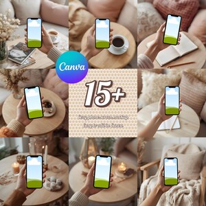 May include: A collection of mockups featuring smartphones with a landscape wallpaper of a blue sky and green field. The image includes the Canva logo and text that reads "15+ Cozy phone screen mockup Easy to edit in Canva."