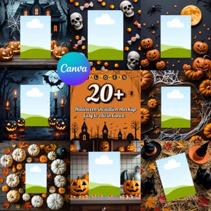 Può includere: Un mockup a tema Halloween con zucche, teschi e cappelli da strega. L'immagine include modelli di invito con un cielo blu e un design di erba verde, e il testo "Halloween 20+" e "Halloween invitation mockup easy to edit in Canva".