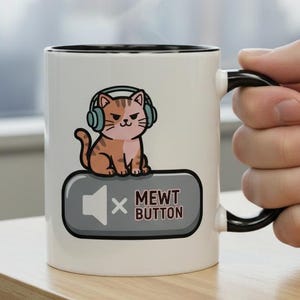 Puede incluir: Una taza de cerámica blanca con interior y asa negros. La taza presenta un gato de dibujos animados con auriculares sobre un botón gris con un icono de altavoz y el texto "MEWT BUTTON".