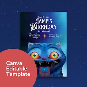 May include: A birthday invitation template with a blue cat illustration. The text reads "Jame's Birrhday" with the date 01.30.2030, location, and RSVP information. The template is labeled "Canva Editable Template".