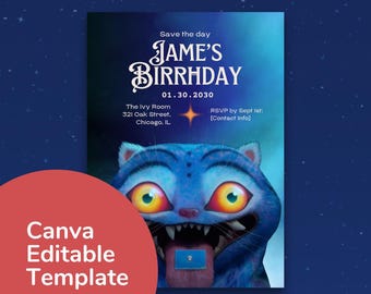 May include: A birthday invitation template with a blue cat illustration. The text reads "Jame's Birrhday" with the date 01.30.2030, location, and RSVP information. The template is labeled "Canva Editable Template".