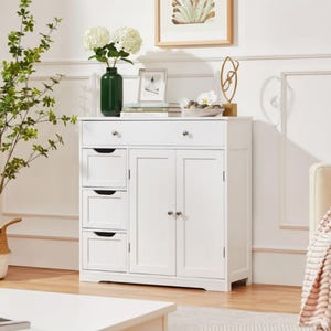 Sleek White Floor Cabinet: Water-Resistant MDF, Adjustable Shelves