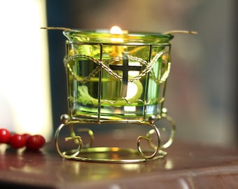 Christian handmade green glass lamp 3.1x2 inch. Set includes: oil lamp, 10 wicks, floating wick.