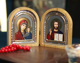 Wooden Diptych Icon 3.3x4.1 inch, Byzantine Style Orthodox Icon, Theotokos and Jesus Christ, Travel Size Folding Icon, Religious Gift