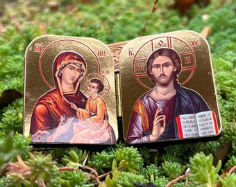 Religious Gift Wooden Diptych, Orthodox Icons Jesus Christ & Theotokos, Miniature Travel Icon, Godmother Gift, Christian Decor
