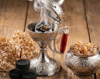 Christian incense set: engraved censer, 50 grams of Greek incense, 6 tablets of charcoal.