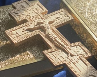 12 in Wooden Orthodox Cross Beech Wood, Hand Carved Crucifix